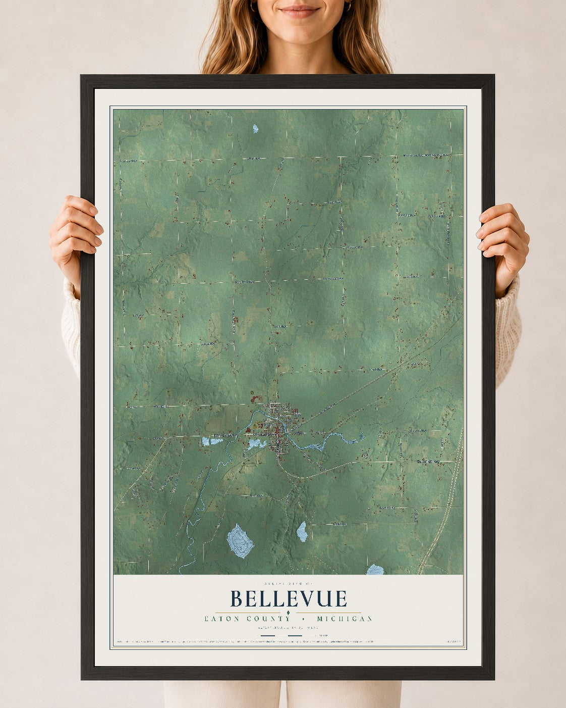 Map of Bellevue, Eaton County, Michigan, 24 x 36 inch print in a black wood frame