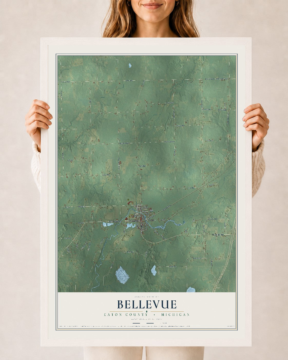 Map of Bellevue, Eaton County, Michigan, 24 x 36 inch print in a white wood frame