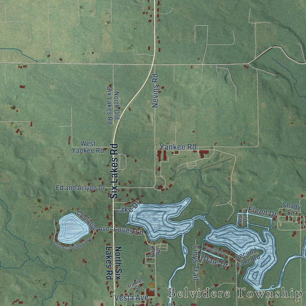 Close-up of the map of Belvidere, Michigan print showing street and building detail