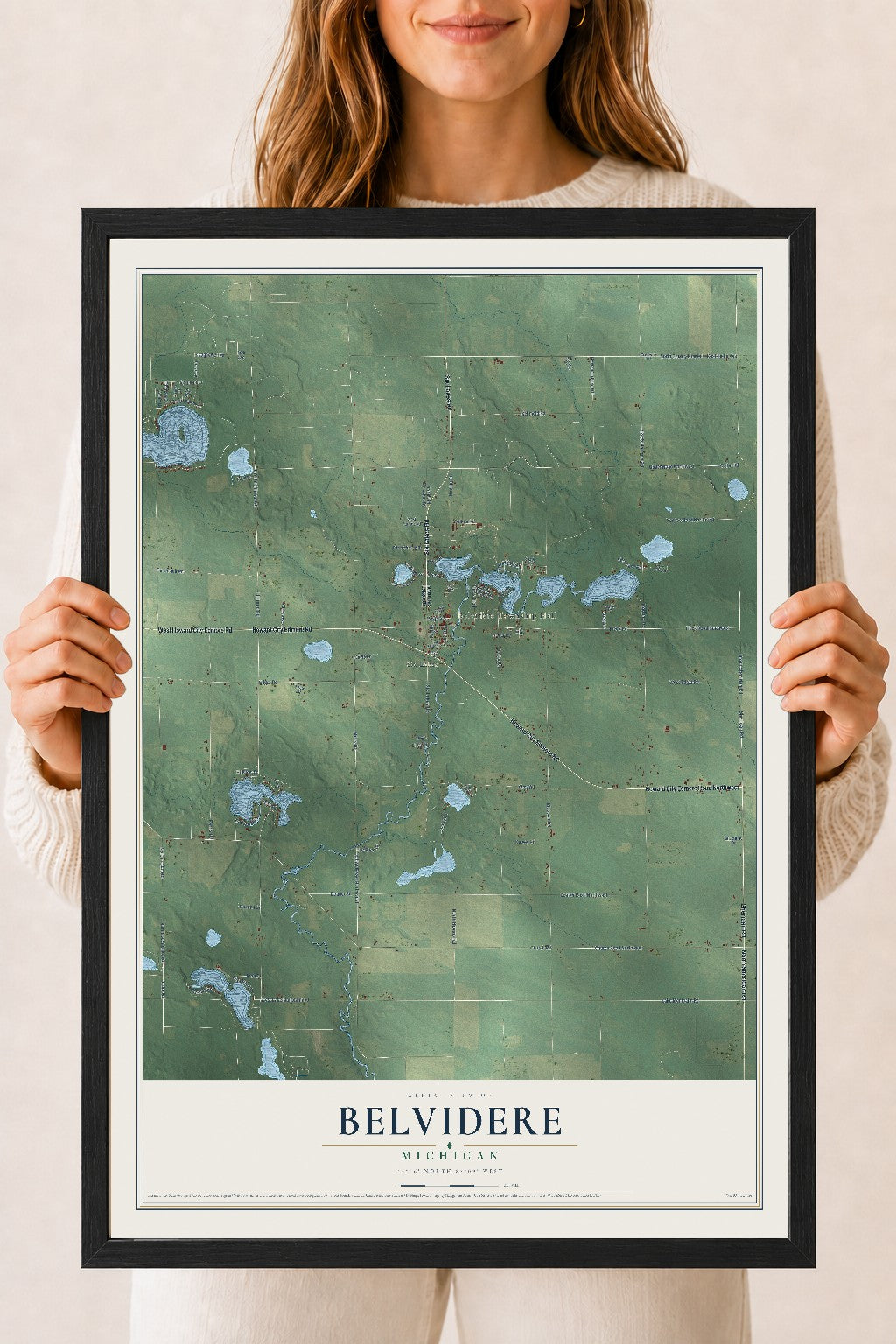 Map of Belvidere, Michigan, 18 x 24 inch print in a black wood frame