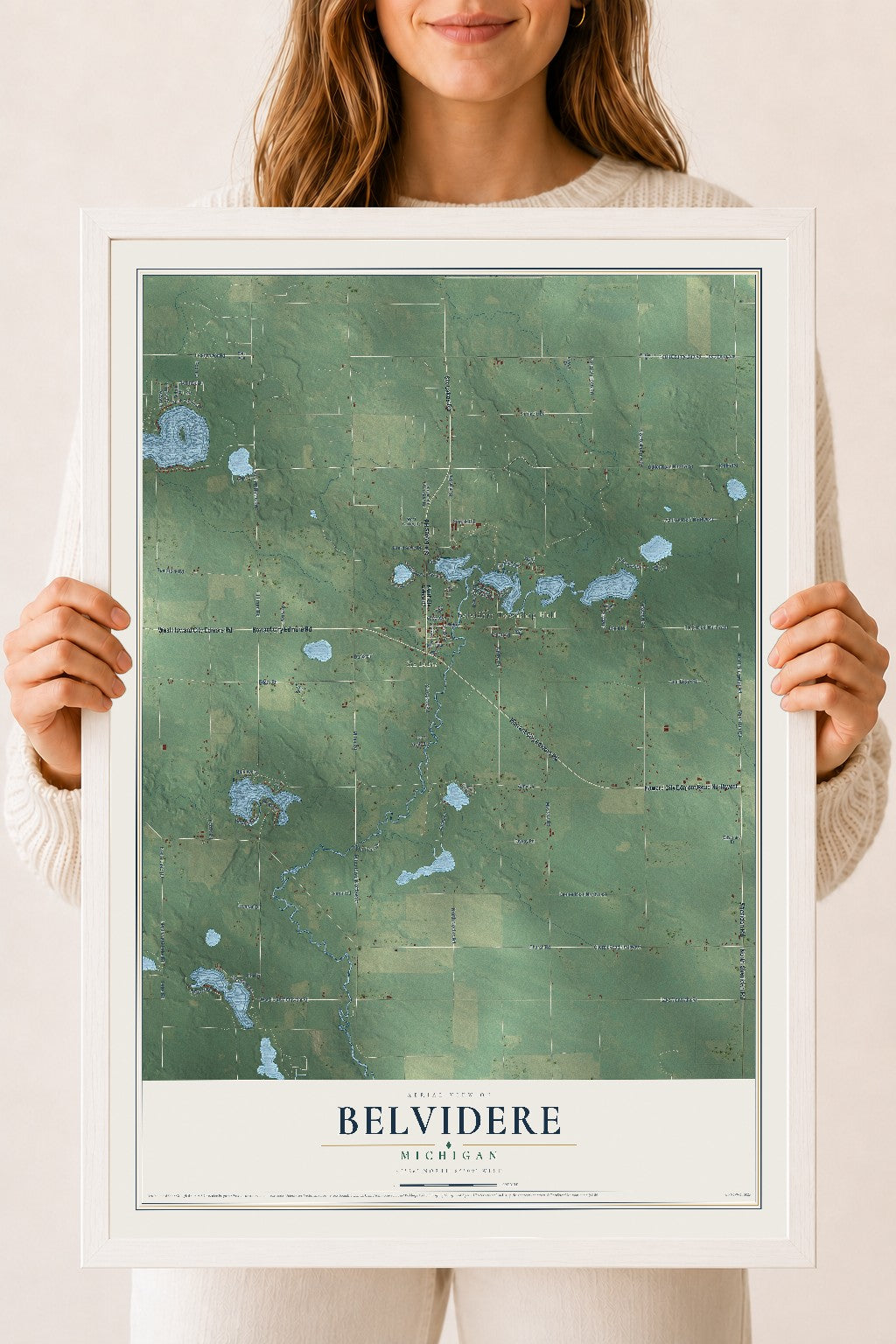 Map of Belvidere, Michigan, 18 x 24 inch print in a white wood frame