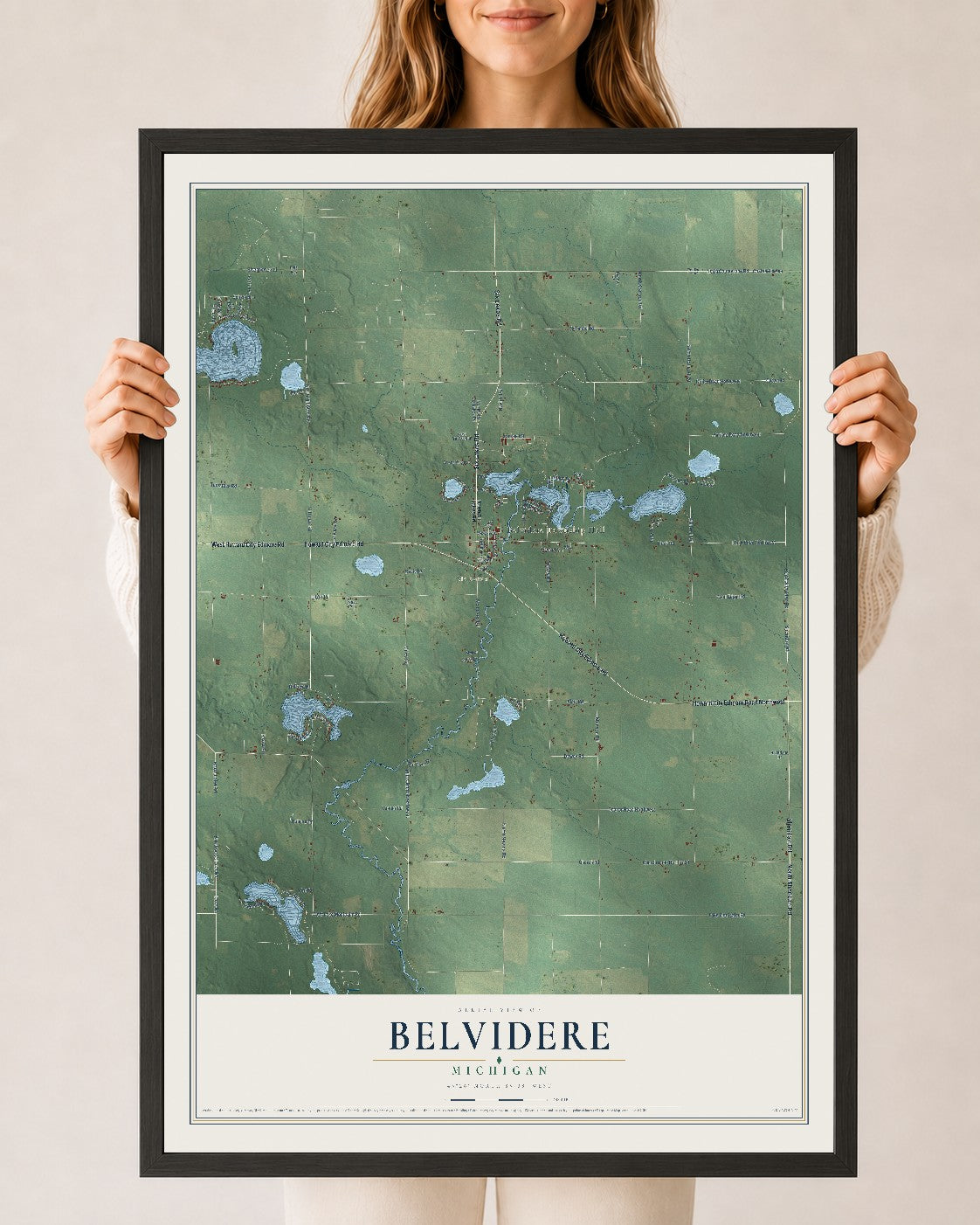 Map of Belvidere, Michigan, 24 x 36 inch print in a black wood frame