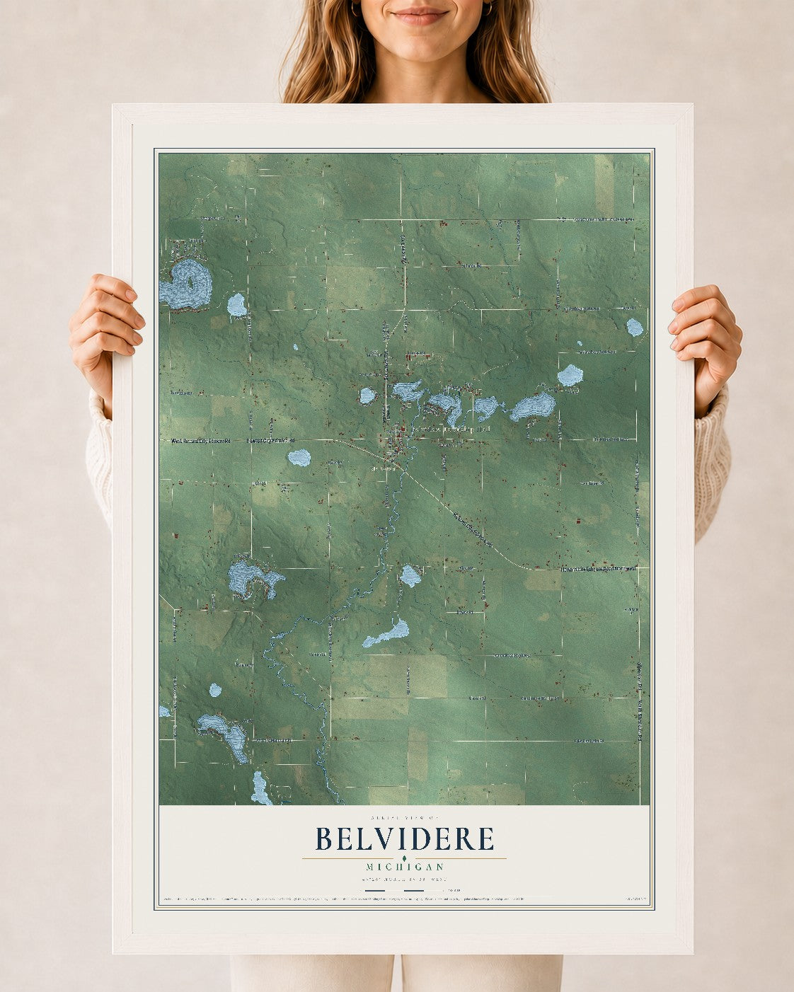Map of Belvidere, Michigan, 24 x 36 inch print in a white wood frame