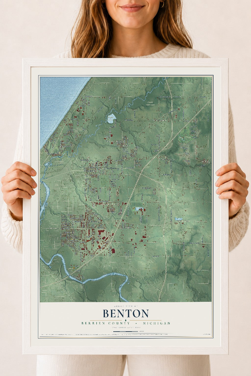 Map of Benton, Berrien County, Michigan, 18 x 24 inch print in a white wood frame