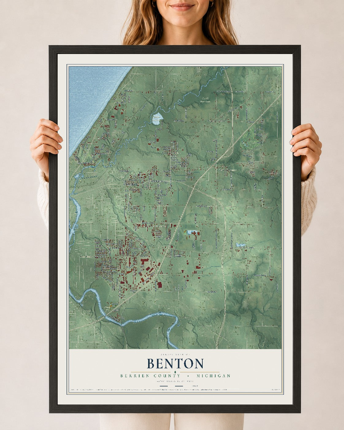 Map of Benton, Berrien County, Michigan, 24 x 36 inch print in a black wood frame