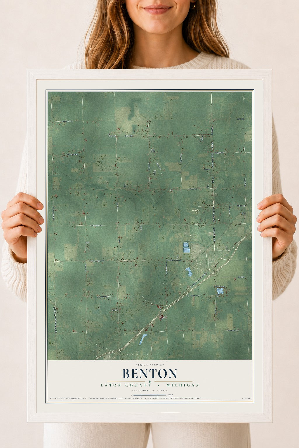 Map of Benton, Eaton County, Michigan, 18 x 24 inch print in a white wood frame