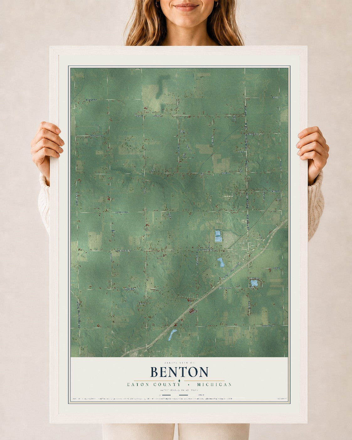 Map of Benton, Eaton County, Michigan, 24 x 36 inch print in a white wood frame