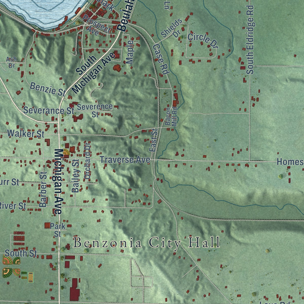 Close-up of the map of Benzonia, Benzie County, Michigan print showing street and building detail