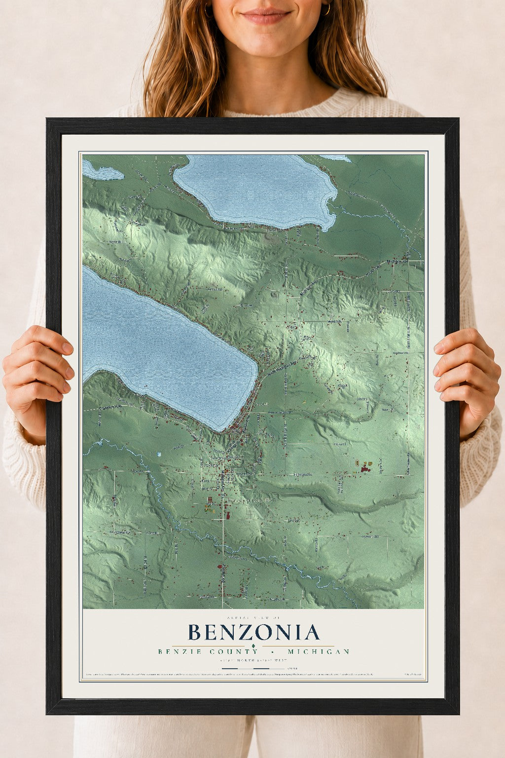 Map of Benzonia, Benzie County, Michigan, 18 x 24 inch print in a black wood frame