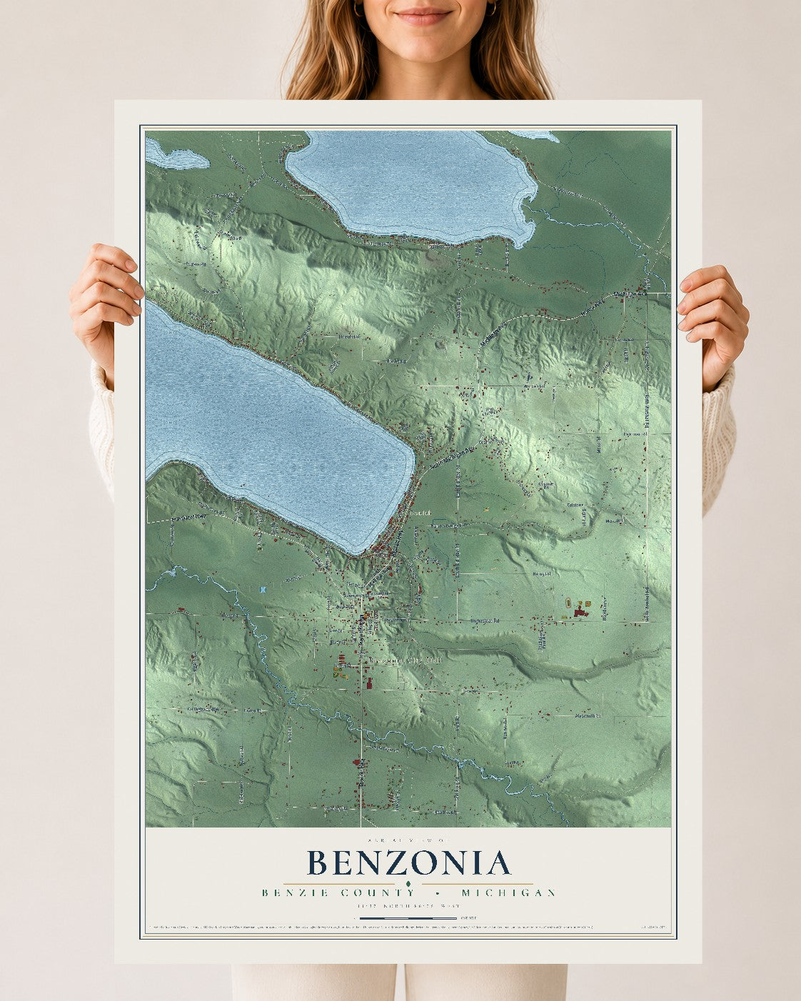 Map of Benzonia, Benzie County, Michigan, 24 x 36 inch unframed archival matte print