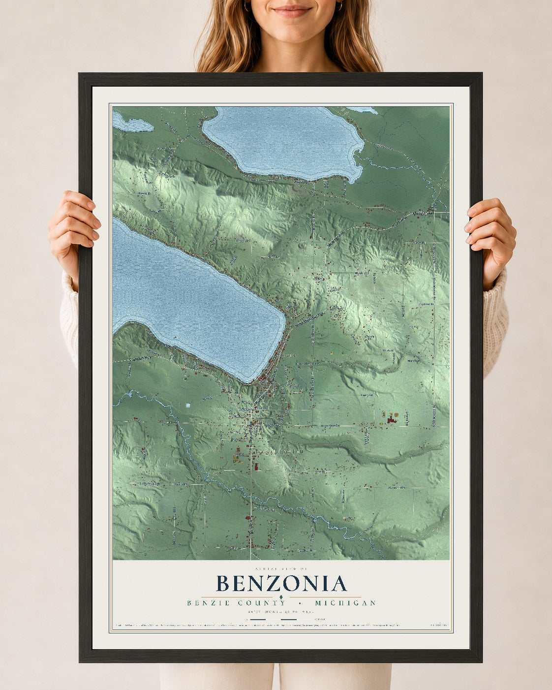 Map of Benzonia, Benzie County, Michigan, 24 x 36 inch print in a black wood frame