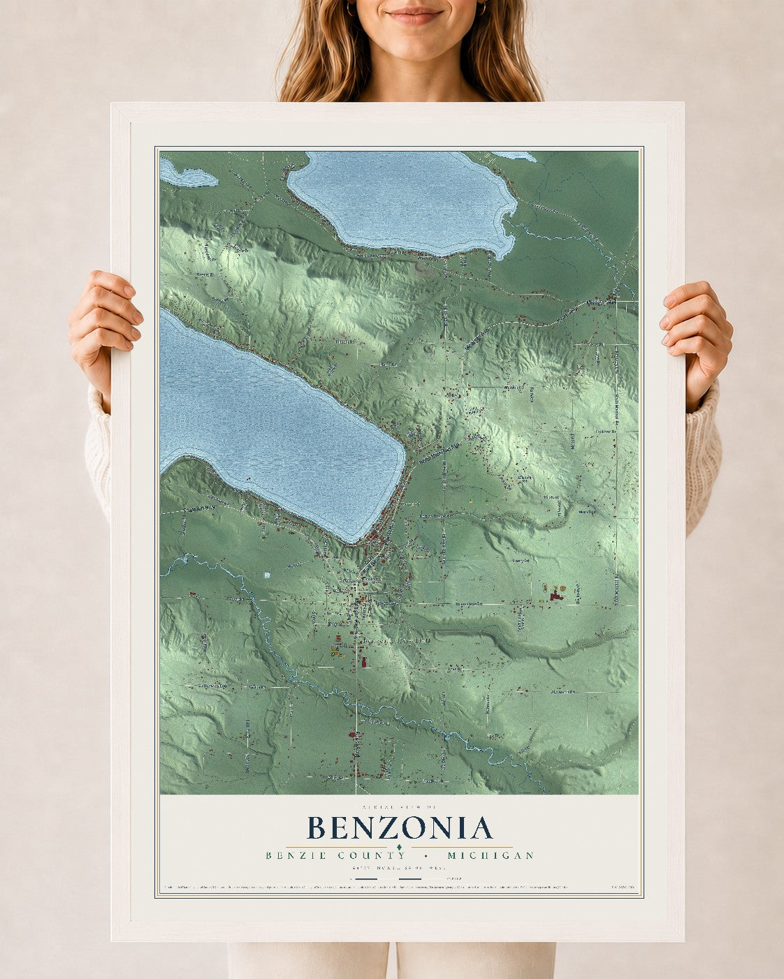 Map of Benzonia, Benzie County, Michigan, 24 x 36 inch print in a white wood frame
