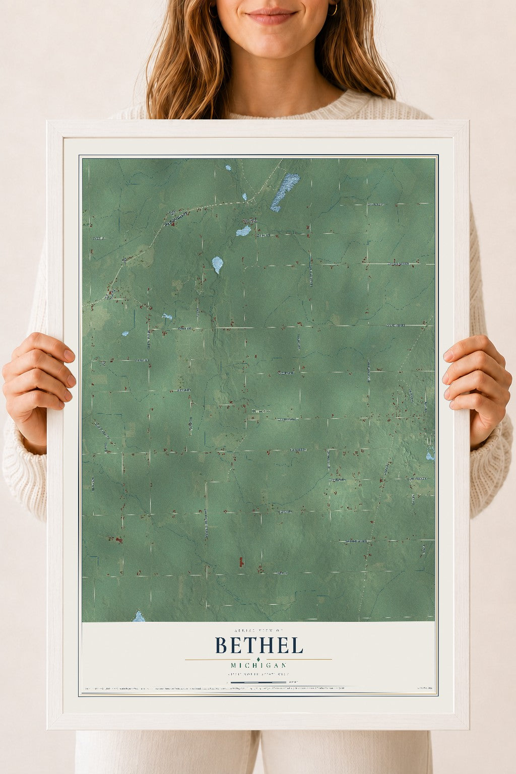 Map of Bethel, Michigan, 18 x 24 inch print in a white wood frame