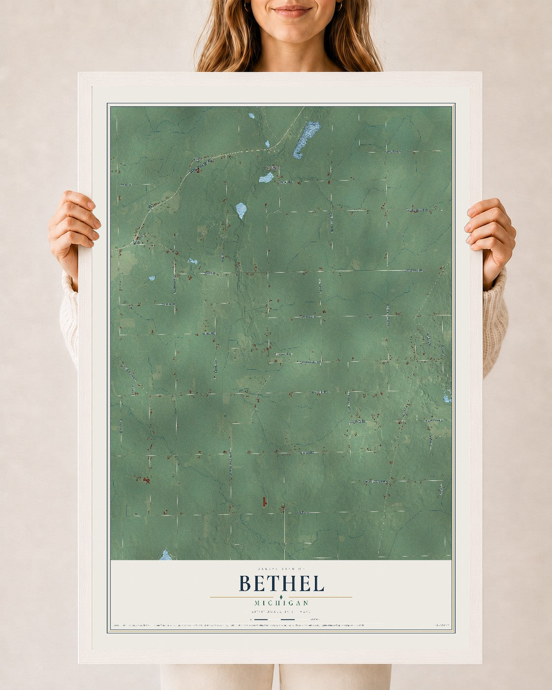Map of Bethel, Michigan, 24 x 36 inch print in a white wood frame