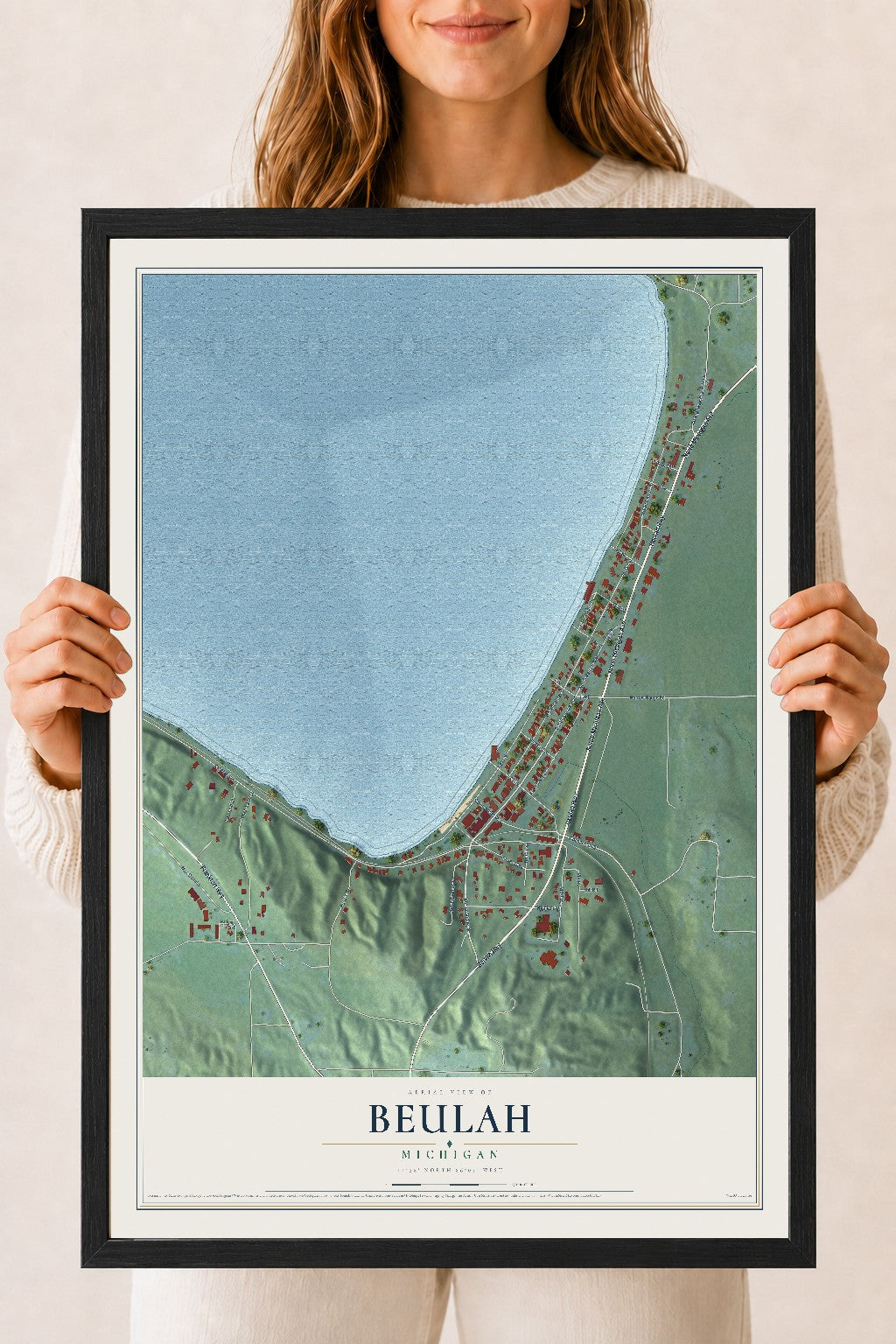 Map of Beulah, Michigan, 18 x 24 inch print in a black wood frame