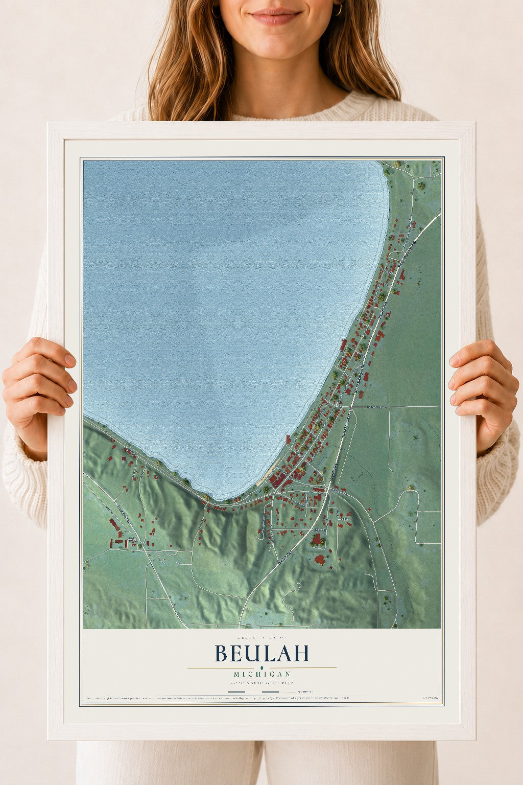 Map of Beulah, Michigan, 18 x 24 inch print in a white wood frame
