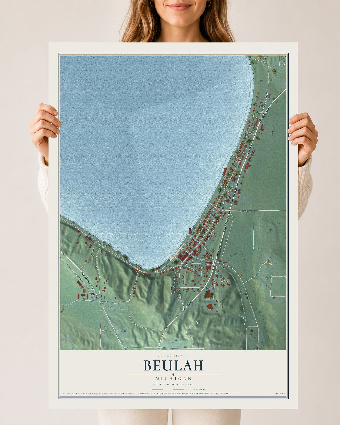 Map of Beulah, Michigan, 24 x 36 inch unframed archival matte print