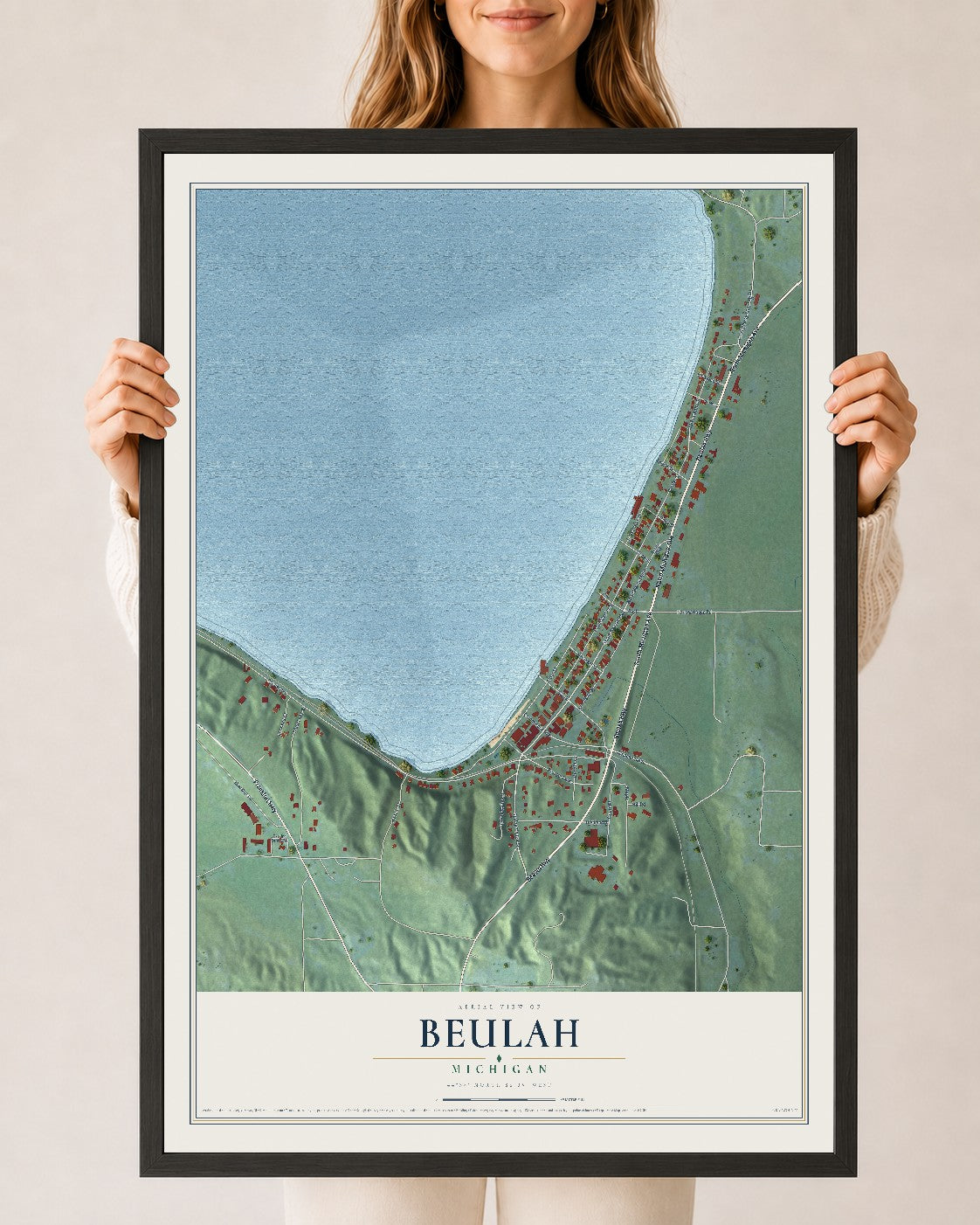 Map of Beulah, Michigan, 24 x 36 inch print in a black wood frame