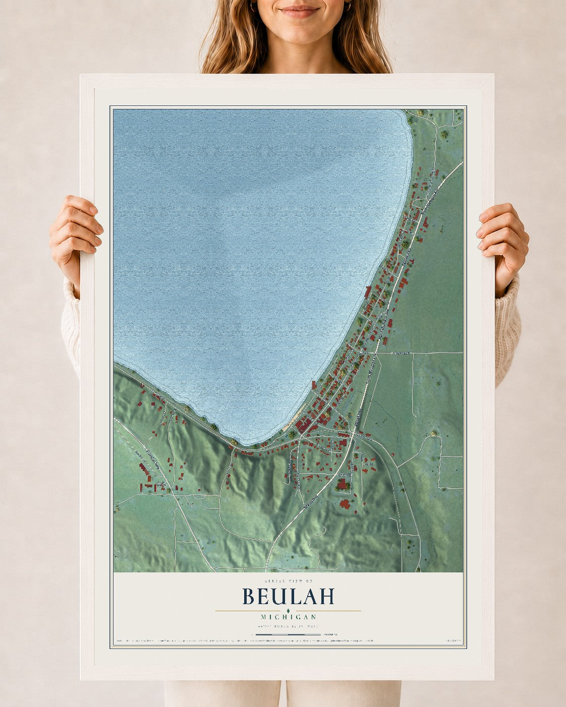 Map of Beulah, Michigan, 24 x 36 inch print in a white wood frame