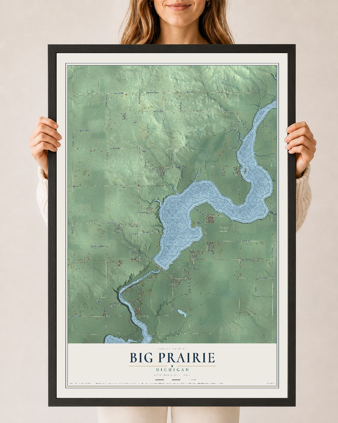 Map of Big Prairie, Michigan, 24 x 36 inch print in a black wood frame