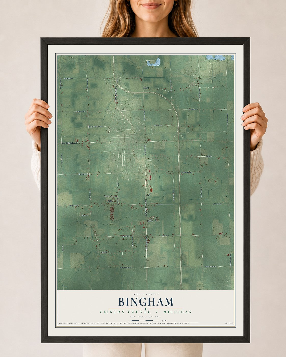 Map of Bingham, Clinton County, Michigan, 24 x 36 inch print in a black wood frame
