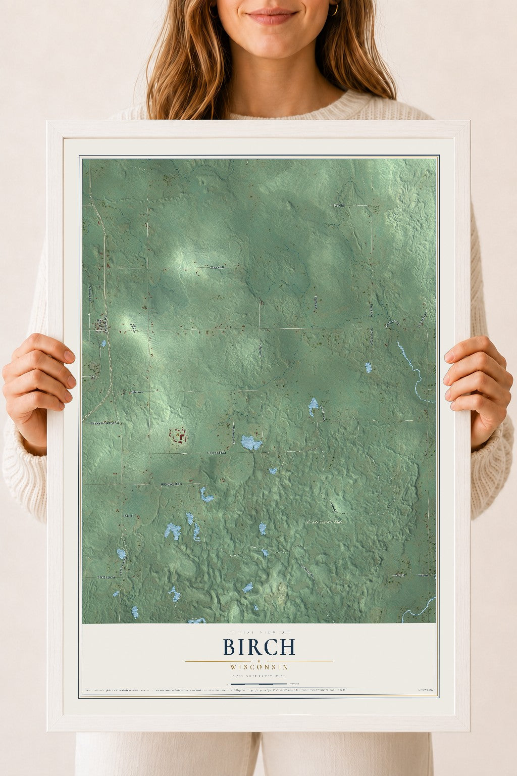 Map of Birch, Wisconsin, 18 x 24 inch print in a white wood frame