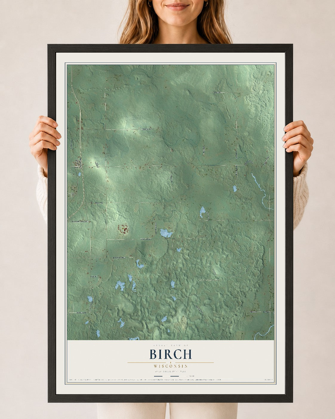 Map of Birch, Wisconsin, 24 x 36 inch print in a black wood frame