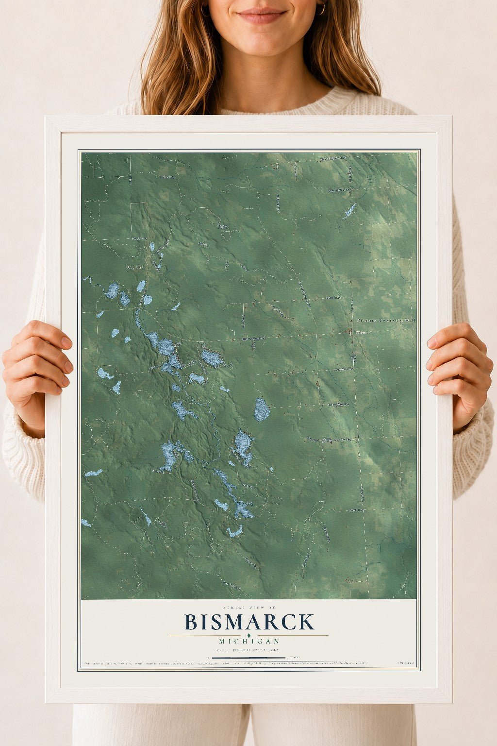 Map of Bismarck, Michigan, 18 x 24 inch print in a white wood frame