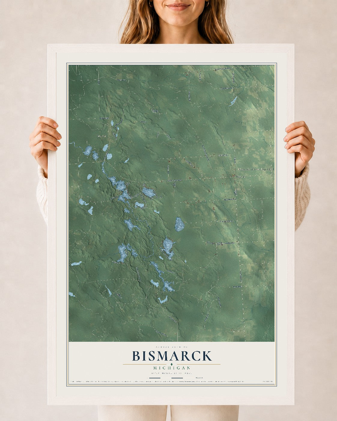 Map of Bismarck, Michigan, 24 x 36 inch print in a white wood frame