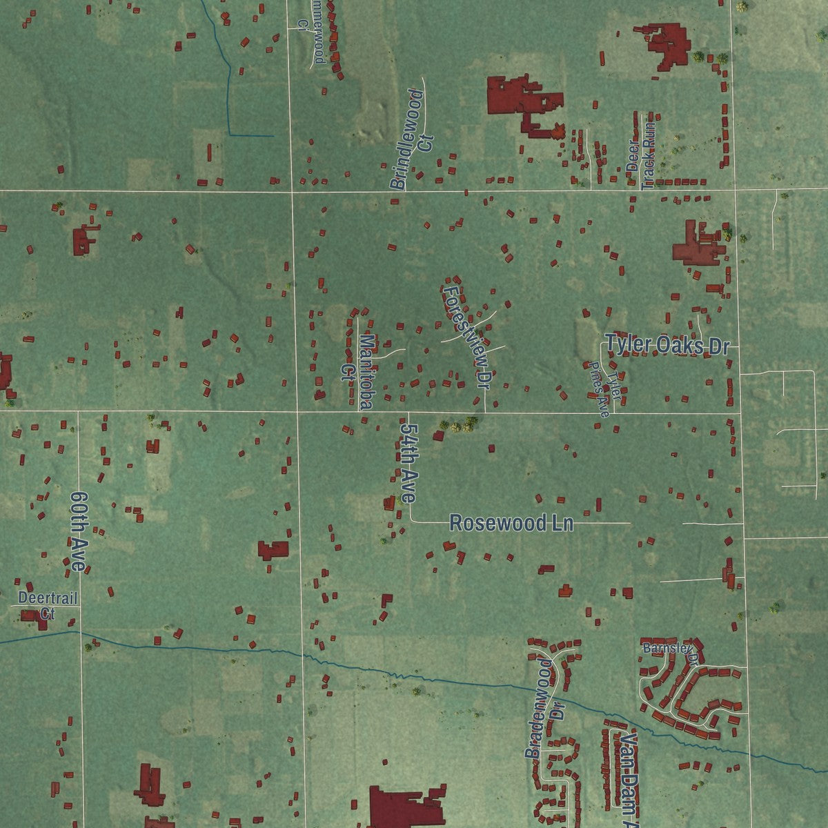 Close-up of the map of Blendon, Michigan print showing street and building detail