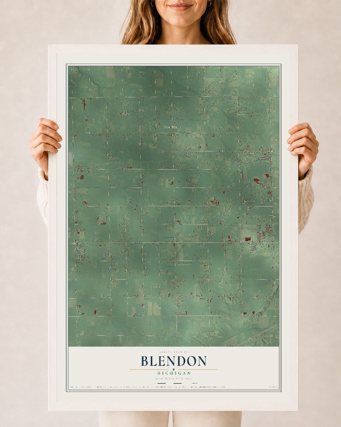 Map of Blendon, Michigan, 24 x 36 inch print in a white wood frame