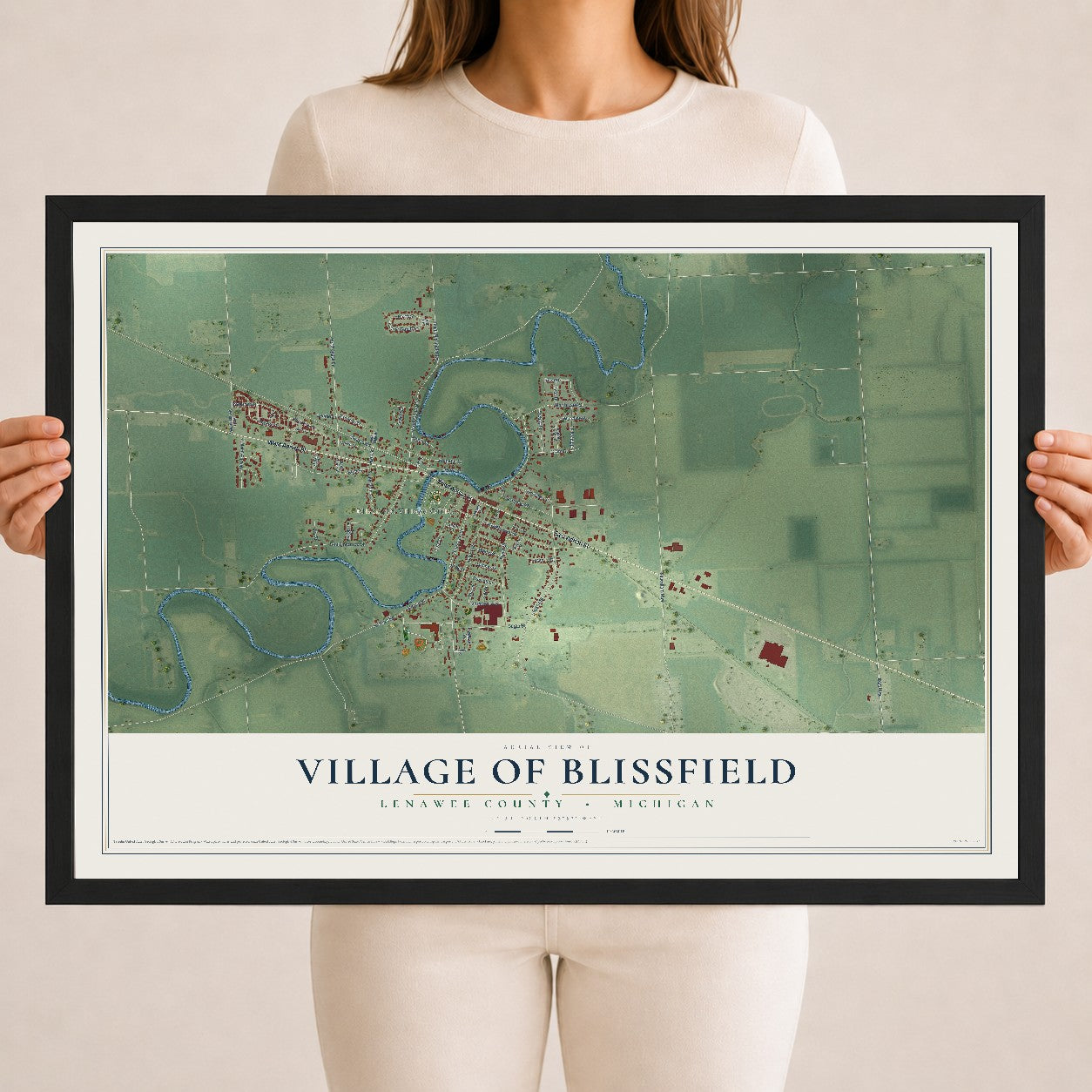 Map of Blissfield, Michigan, 18 x 24 inch print in a black wood frame