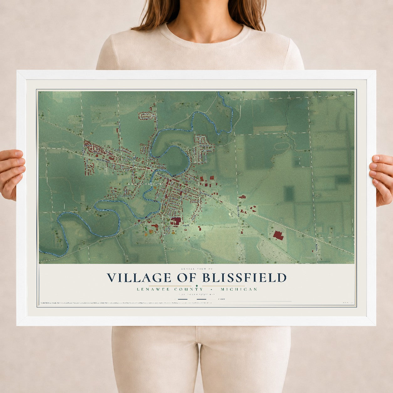 Map of Blissfield, Michigan, 18 x 24 inch print in a white wood frame