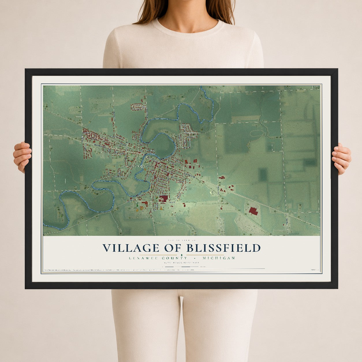 Map of Blissfield, Michigan, 24 x 36 inch print in a black wood frame