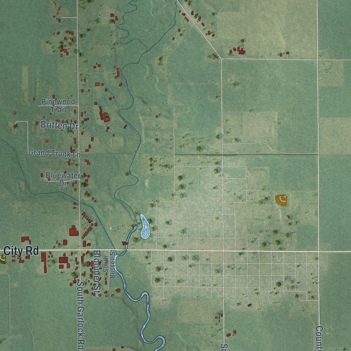 Close-up of the map of Bloomer, Michigan print showing street and building detail