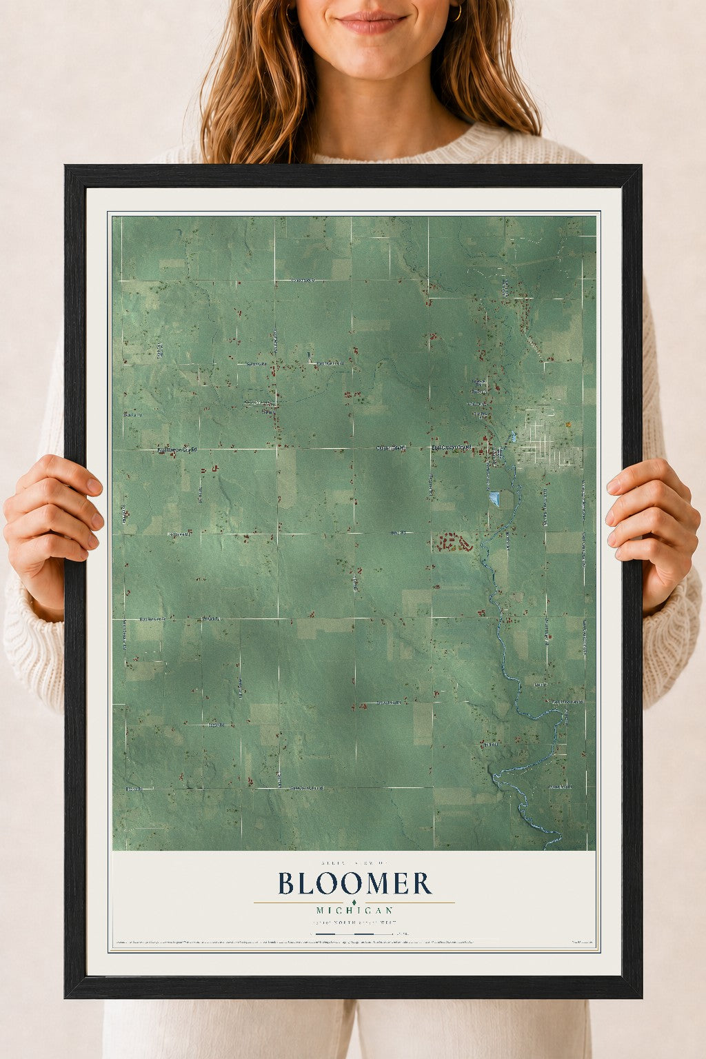 Map of Bloomer, Michigan, 18 x 24 inch print in a black wood frame