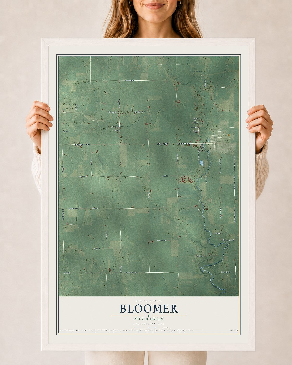 Map of Bloomer, Michigan, 24 x 36 inch print in a white wood frame