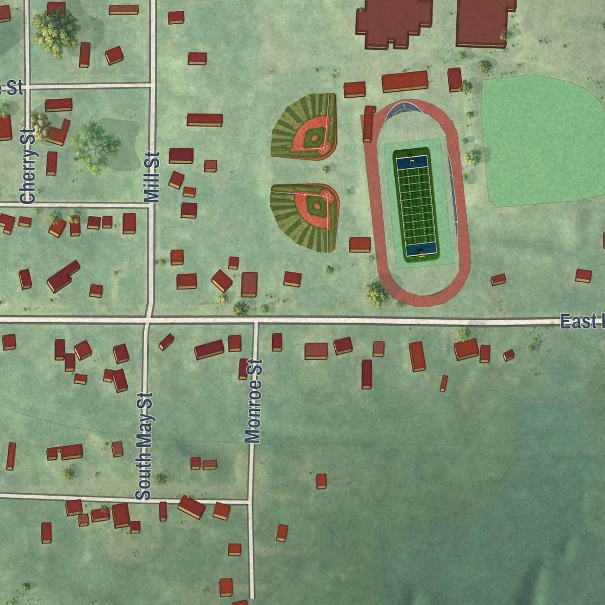 Close-up of the map of Bloomingdale, Michigan print showing street and building detail
