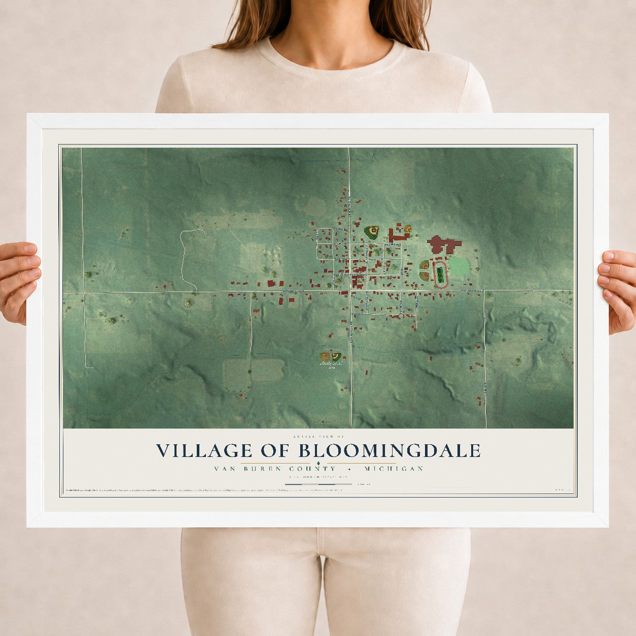 Map of Bloomingdale, Michigan, 18 x 24 inch print in a white wood frame