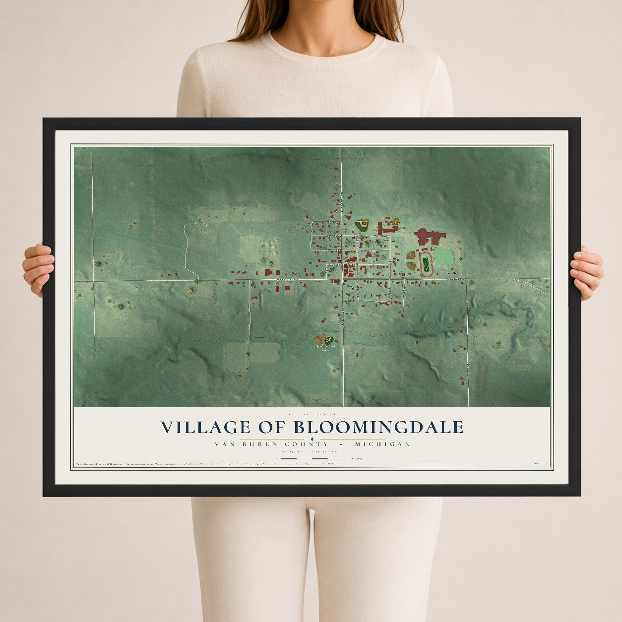 Map of Bloomingdale, Michigan, 24 x 36 inch print in a black wood frame