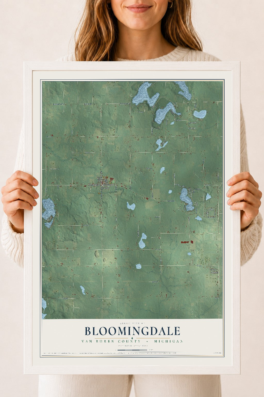 Map of Bloomingdale, Van Buren County, Michigan, 18 x 24 inch print in a white wood frame