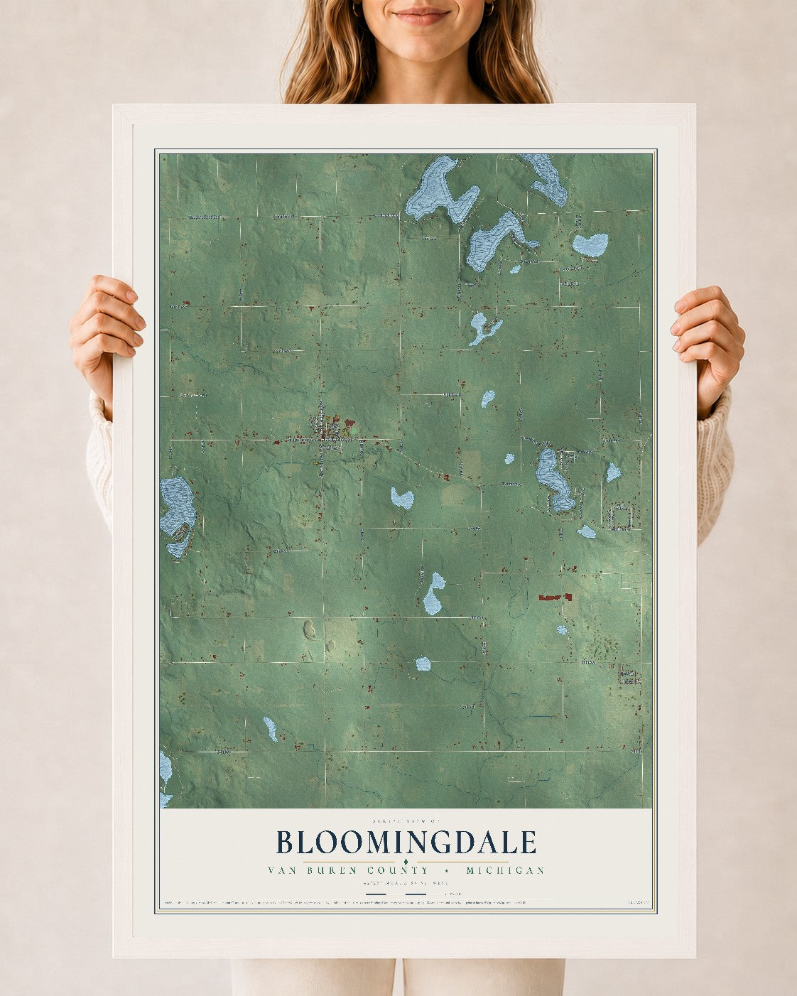 Map of Bloomingdale, Van Buren County, Michigan, 24 x 36 inch print in a white wood frame
