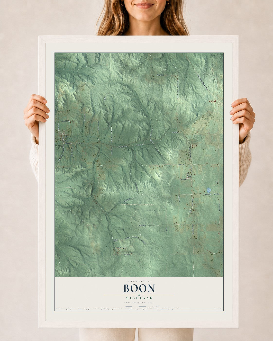 Map of Boon, Michigan, 24 x 36 inch print in a white wood frame