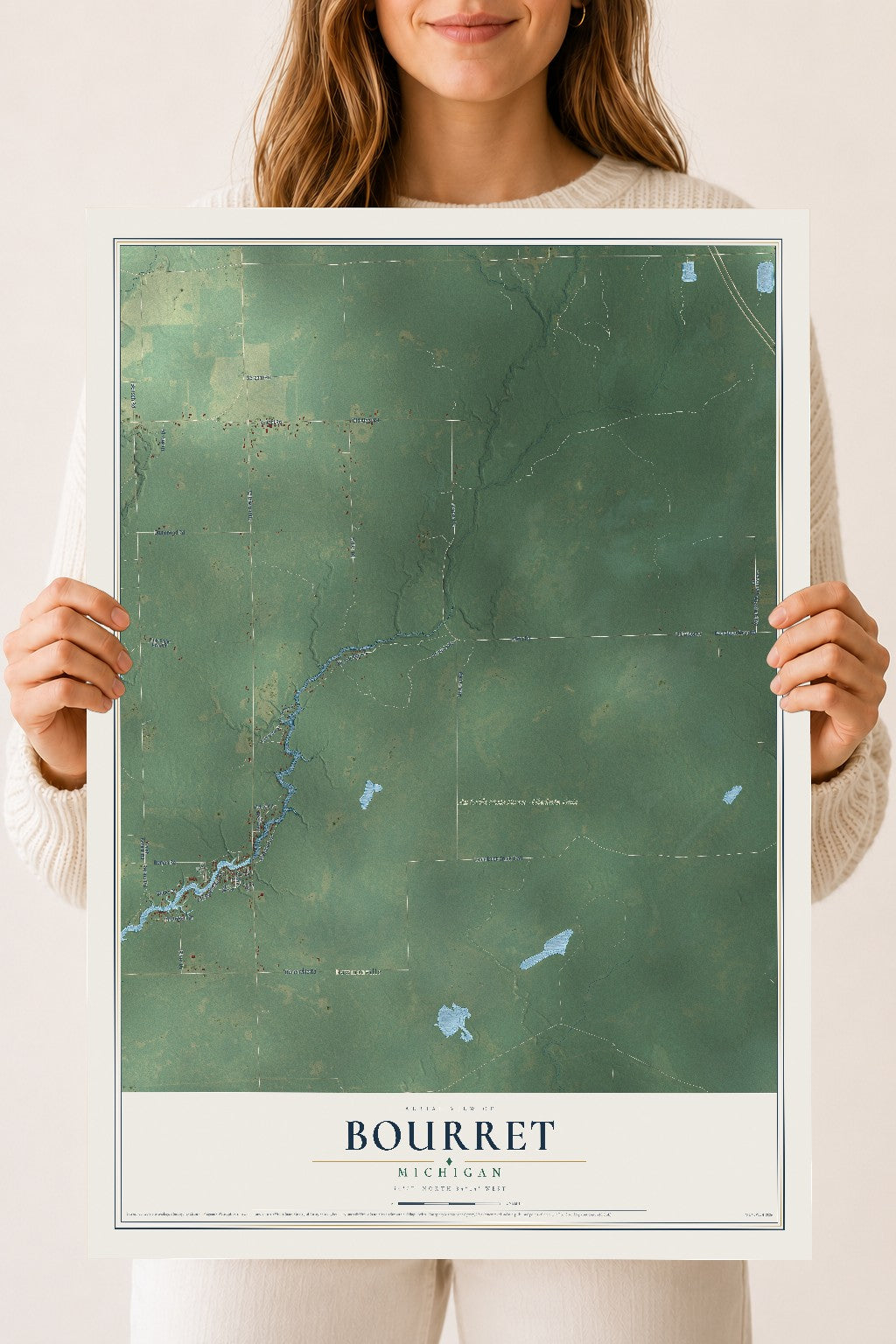 Map of Bourret, Michigan, 18 x 24 inch unframed archival matte print