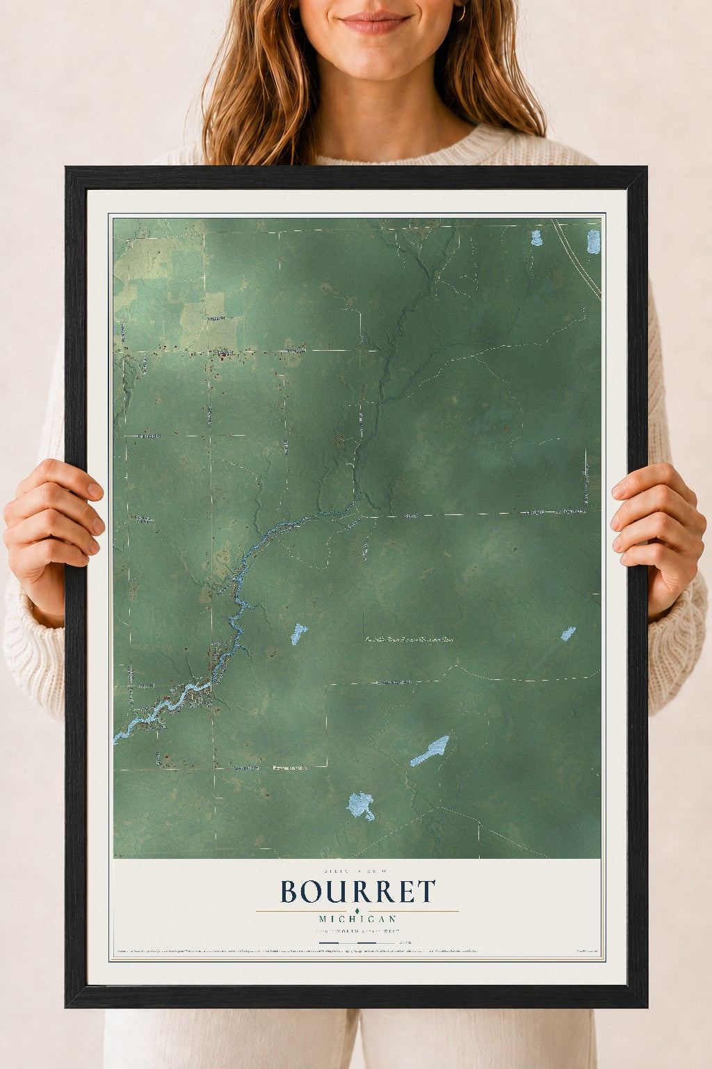 Map of Bourret, Michigan, 18 x 24 inch print in a black wood frame