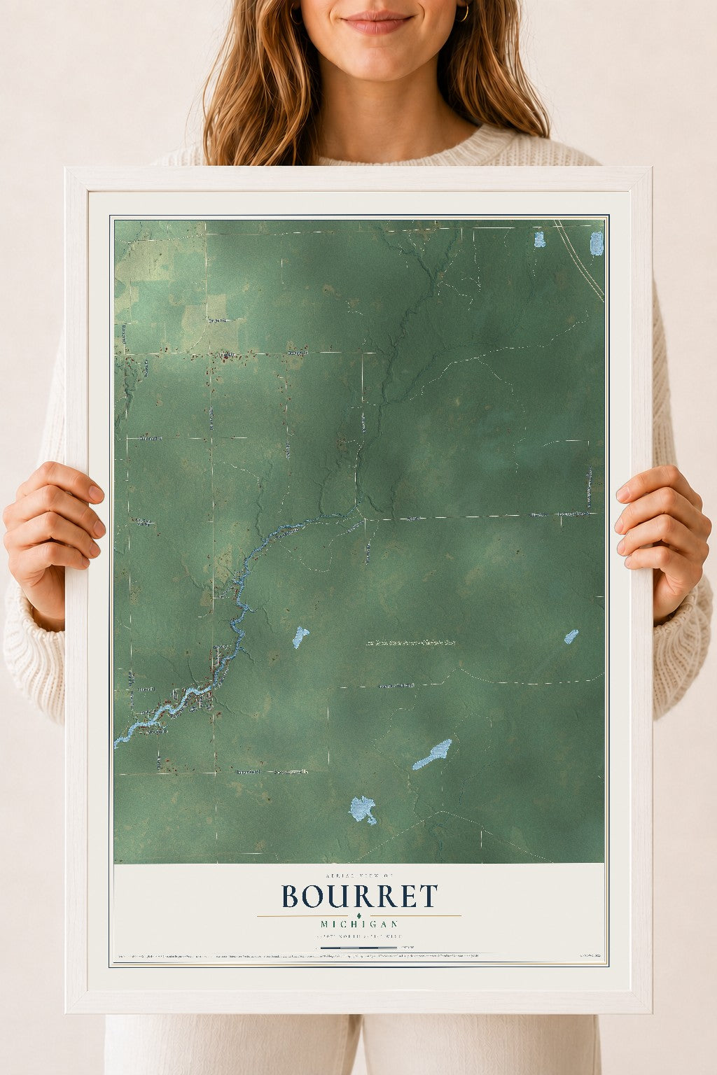Map of Bourret, Michigan, 18 x 24 inch print in a white wood frame