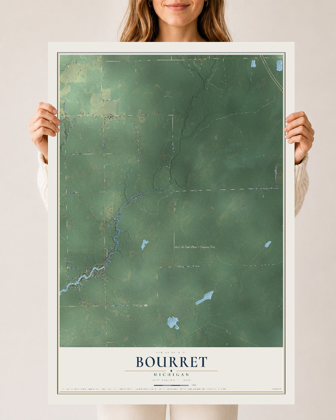 Map of Bourret, Michigan, 24 x 36 inch unframed archival matte print
