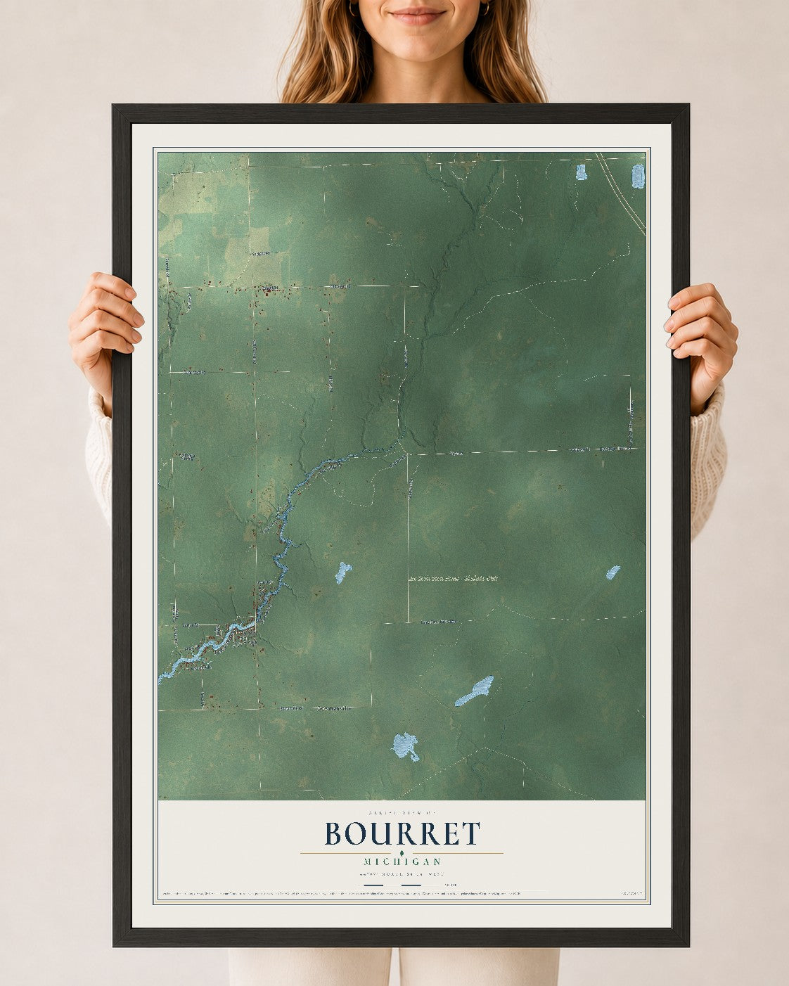 Map of Bourret, Michigan, 24 x 36 inch print in a black wood frame