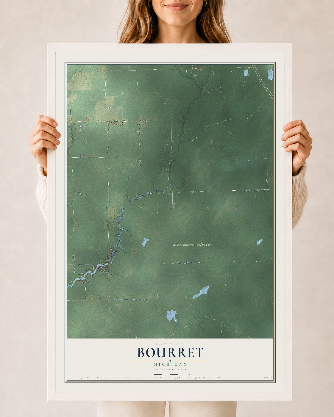 Map of Bourret, Michigan, 24 x 36 inch print in a white wood frame
