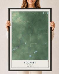 Map of Bourret, Michigan, 24 x 36 inch print in a black wood frame